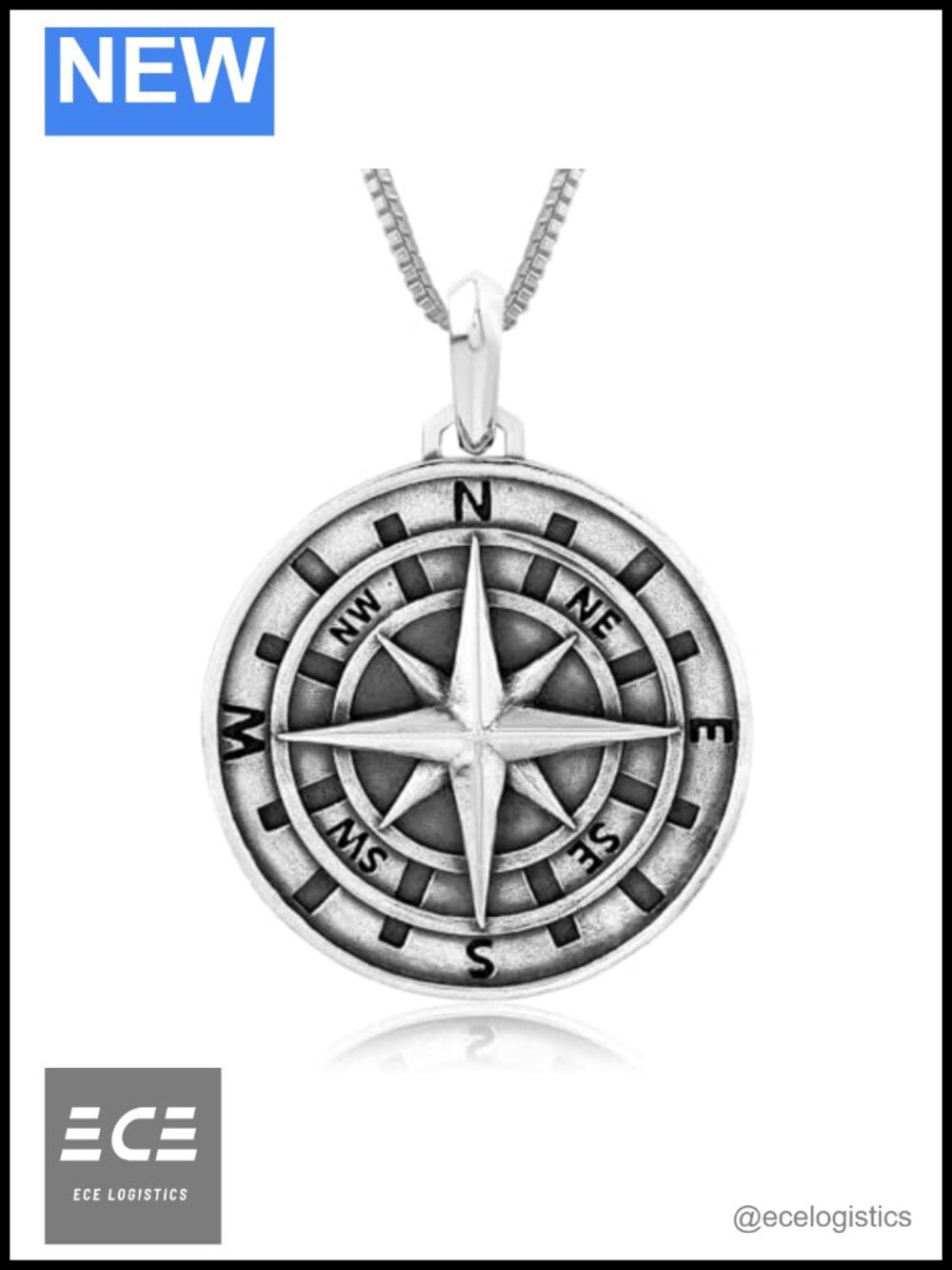 Sterling Silver Compass Pendant Necklace 20-Inch Chain Nautical